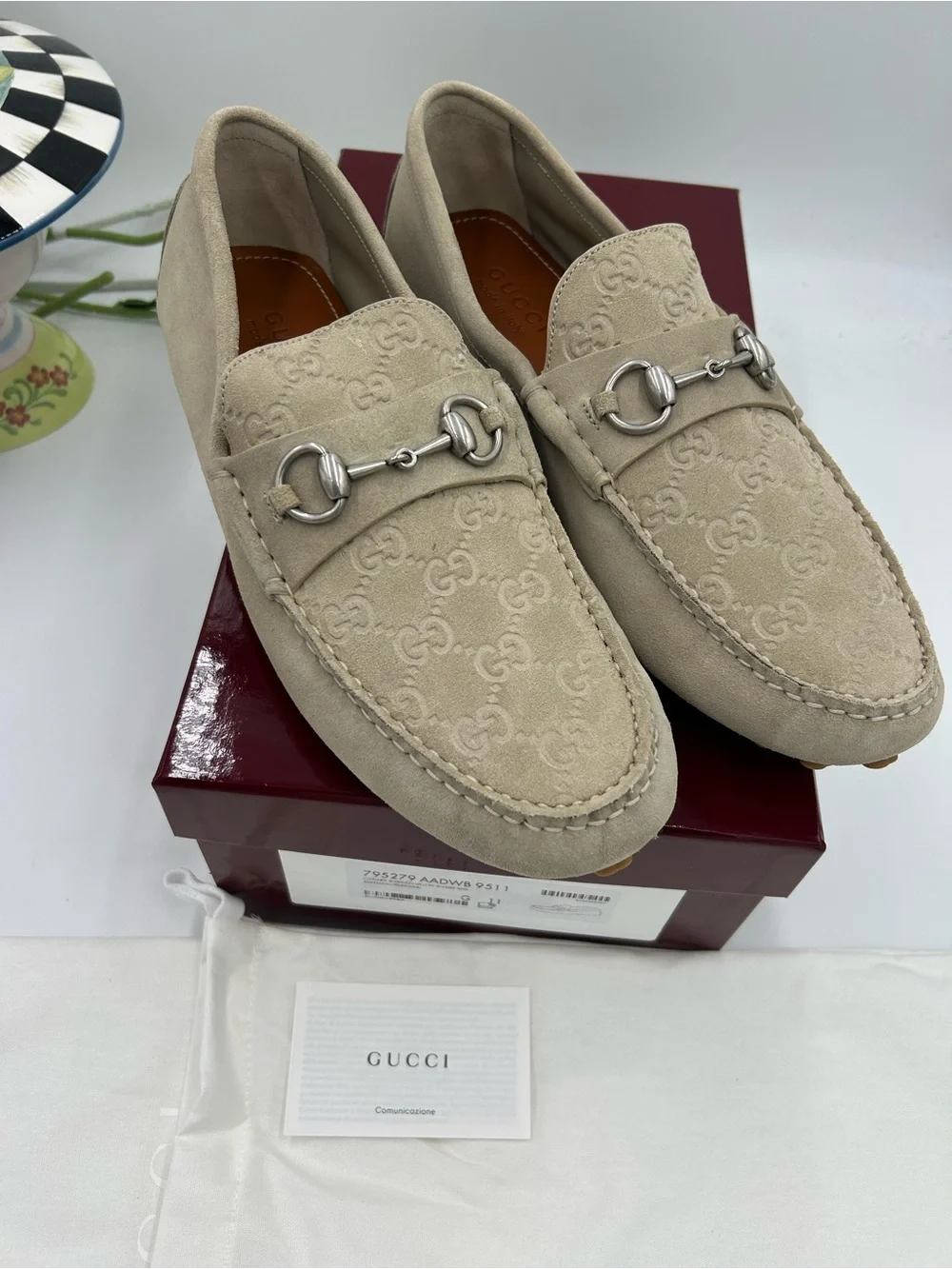 Men's Gucci GG embossed oatmeal suede driver loafers size 11 fits 12 US